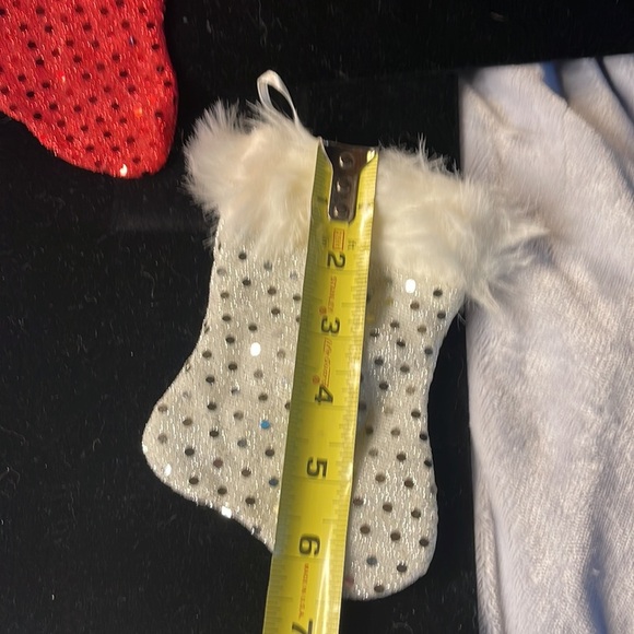 Mini Stockings - Sparkle Red & Silver w/Faux Fur at the top & ribbon for hanging - Picture 3 of 5